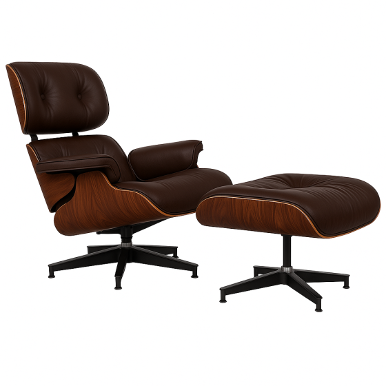 Крісло Релакс з отоманкою, коричнева шкіра, колір дерева палісандр Дніпро