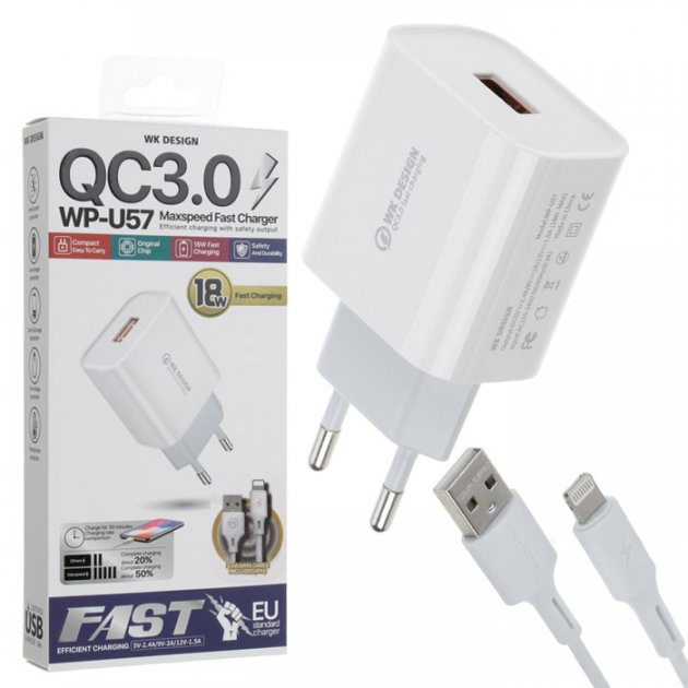 Сетевое зарядное устройство USB с кабелем USB WK Lightning WP-U57-L-White 1 м Київ - зображення 1