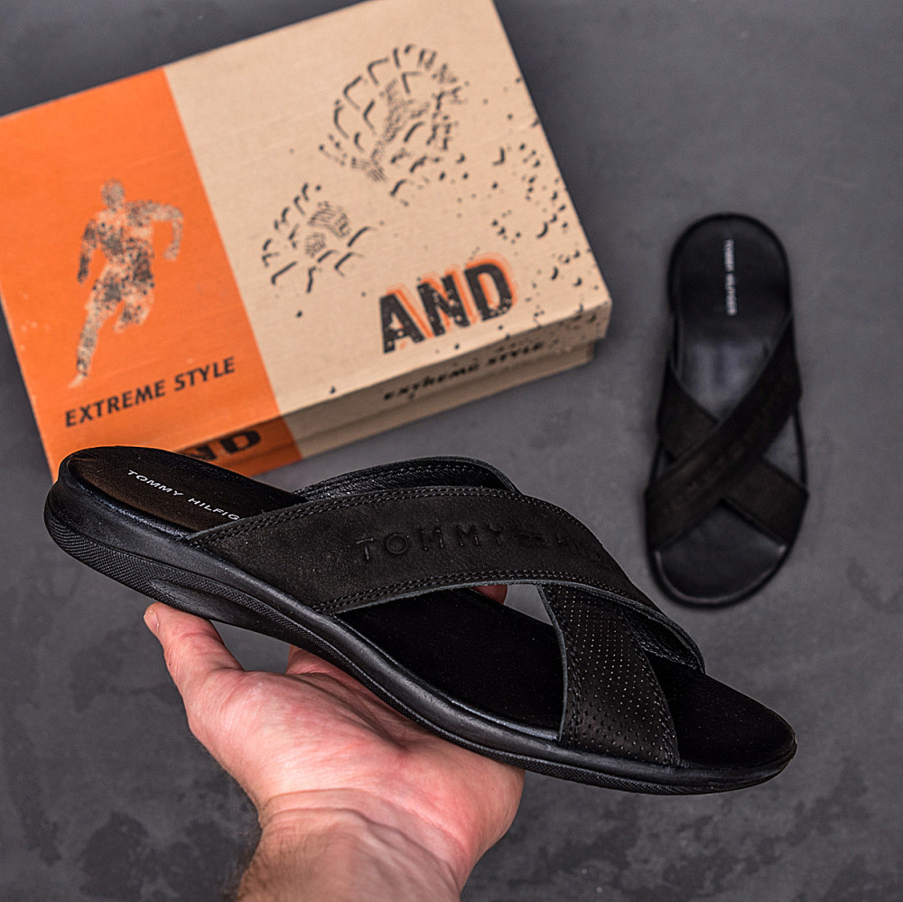 Мужские кожаные  летние шлепанцы-сланцы Tommy Hilfiger Black Київ - зображення 11