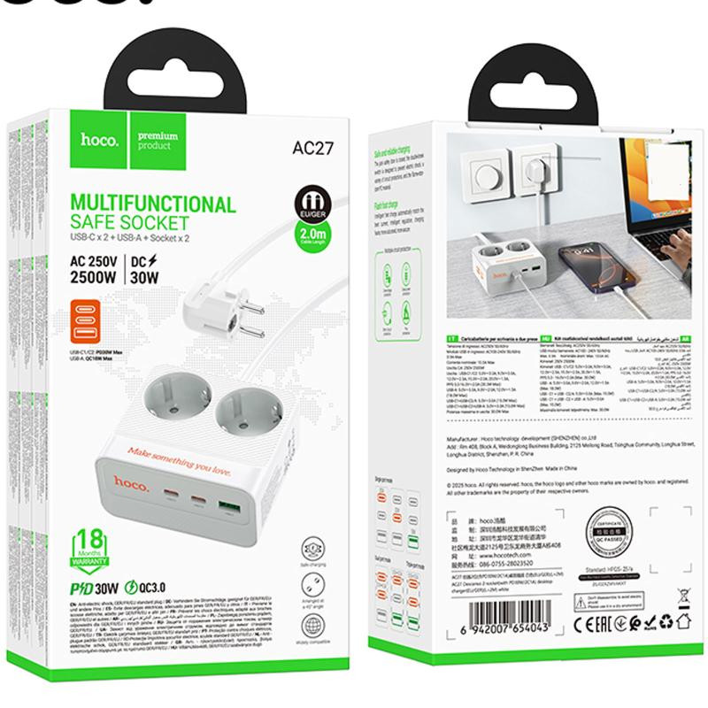 Удлинитель Hoco AC27 Descanso (PD30W/2C/1A/2xSocket) (2m) Херсон - изображение 4