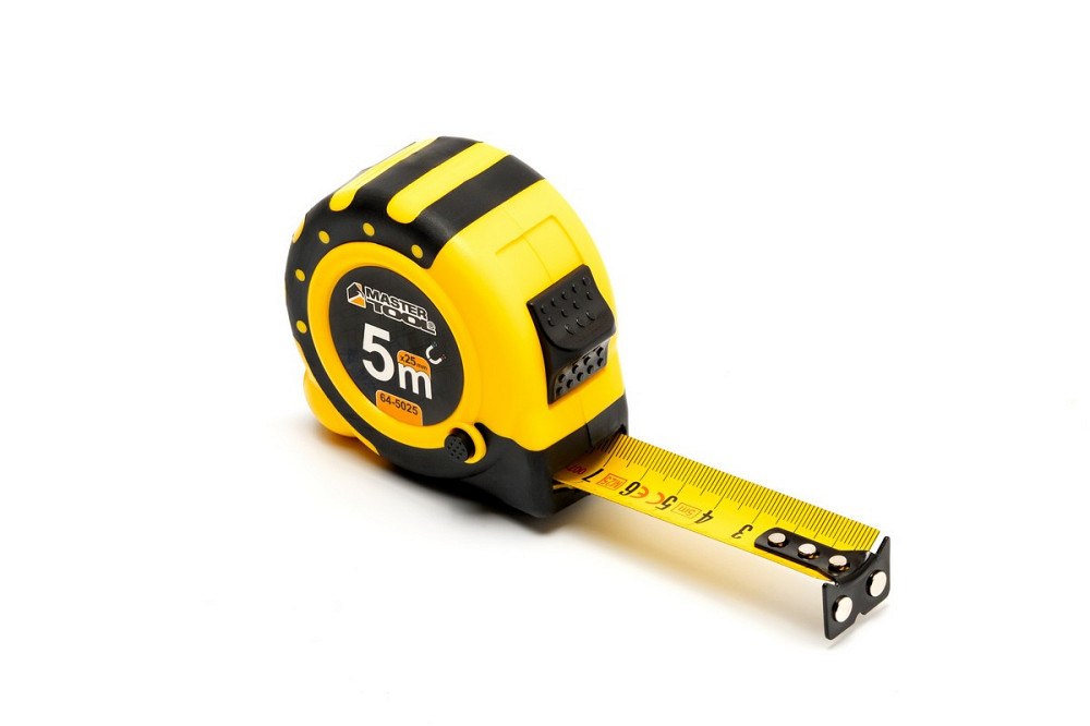 Рулетка MASTERTOOL 5 м х 25 мм с магнитами 2 фиксатора кнопка STOP покрытие TPR нейлоновое покрытие  Харьков - изображение 1