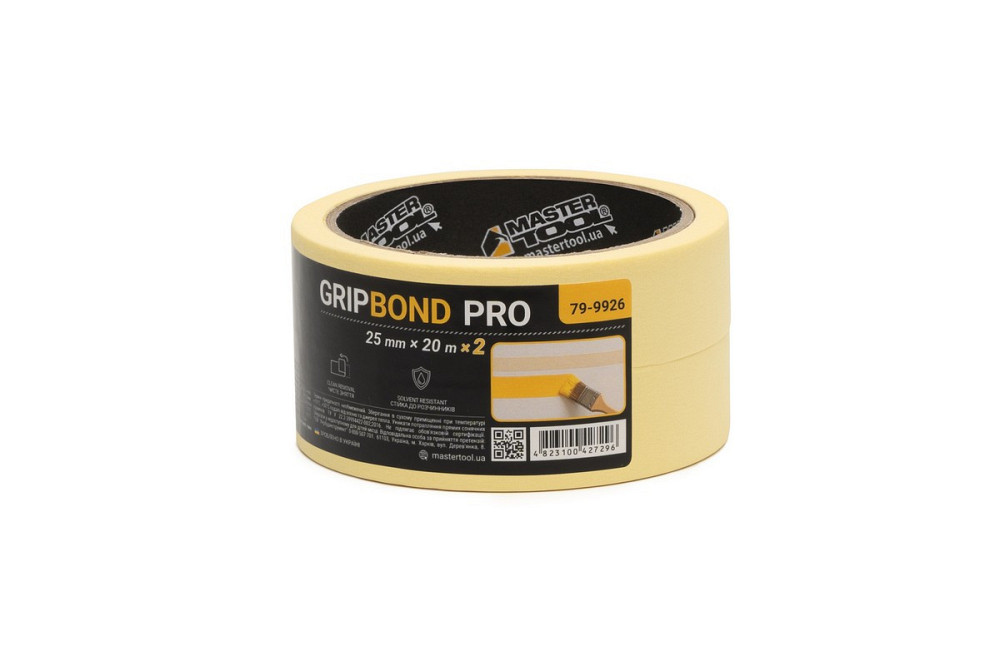 Лента малярная универсальная MASTERTOOL GripBond Pro 25 мм×20 м 2 шт желтая 79-9926 Харків - зображення 2