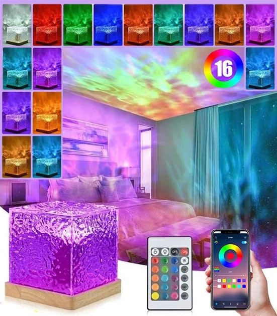 Нічний проектор КУБ з проекцією води Настільна RGB лампа з ефектом водяної хвилі, з пультом і додато Одеса - зображення 1