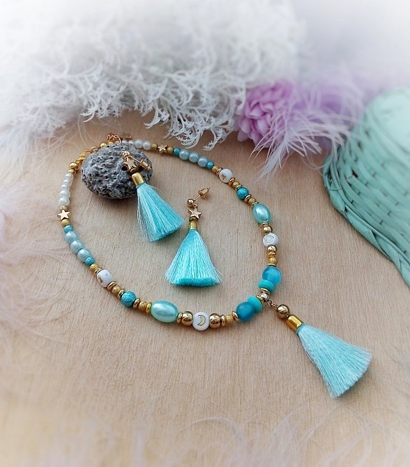 Літні мрії набір прикрас тіфані блакитний білий золотистий чокер китиця кольє намисто сережки китиці Луцьк - зображення 1