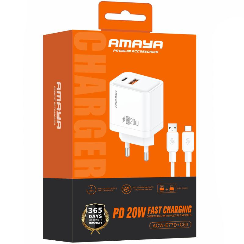 СЗУ Amaya E77D PD20W+QC3.0 (1USB-A/1C) + кабель USB to Type-C Херсон - зображення 2