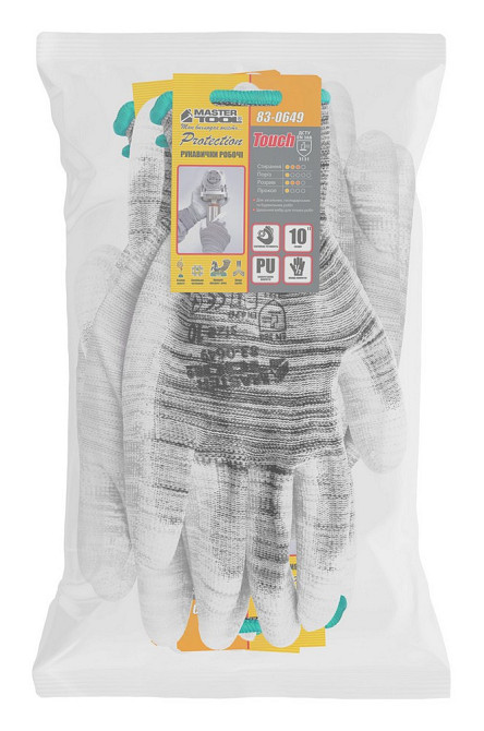 Перчатки бесшовные трикотажные MASTERTOOL с полиуретановым покрытием ладони 10" 25-26 г подвес 12 па Харьков - изображение 2