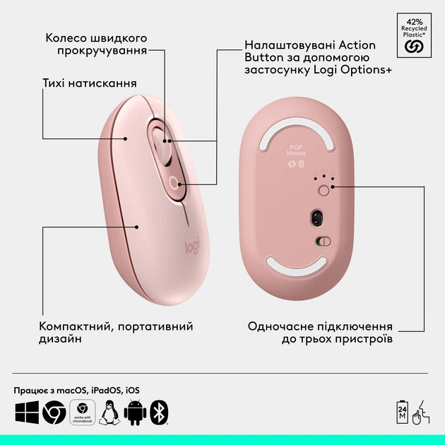 Мышь компьютерная безпроводная Logitech POP Mouse Tonal Rose L910-007413 розовая Киев - изображение 5