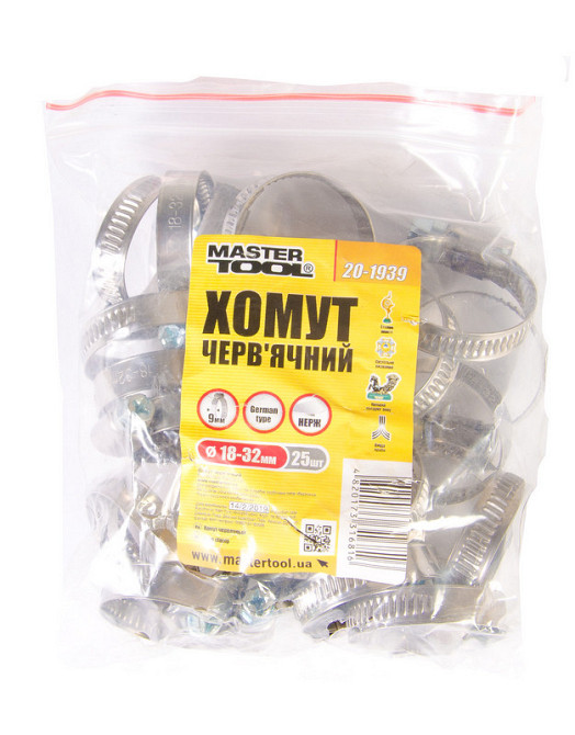 Хомут червячный MASTERTOOL German type W2 DIN 3017 9.0 мм Ø 18-32 мм 25 шт 20-1939 Харків - зображення 2