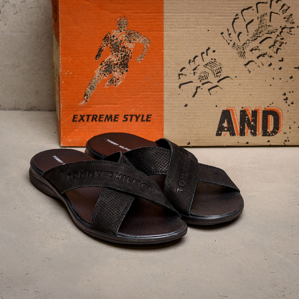 Мужские кожаные  летние шлепанцы-сланцы Tommy Hilfiger Black Київ - зображення 8