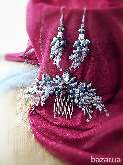 Морозний ранок гребінь та сережки сірий білий святкова прикраса на голову Луцьк - зображення 1