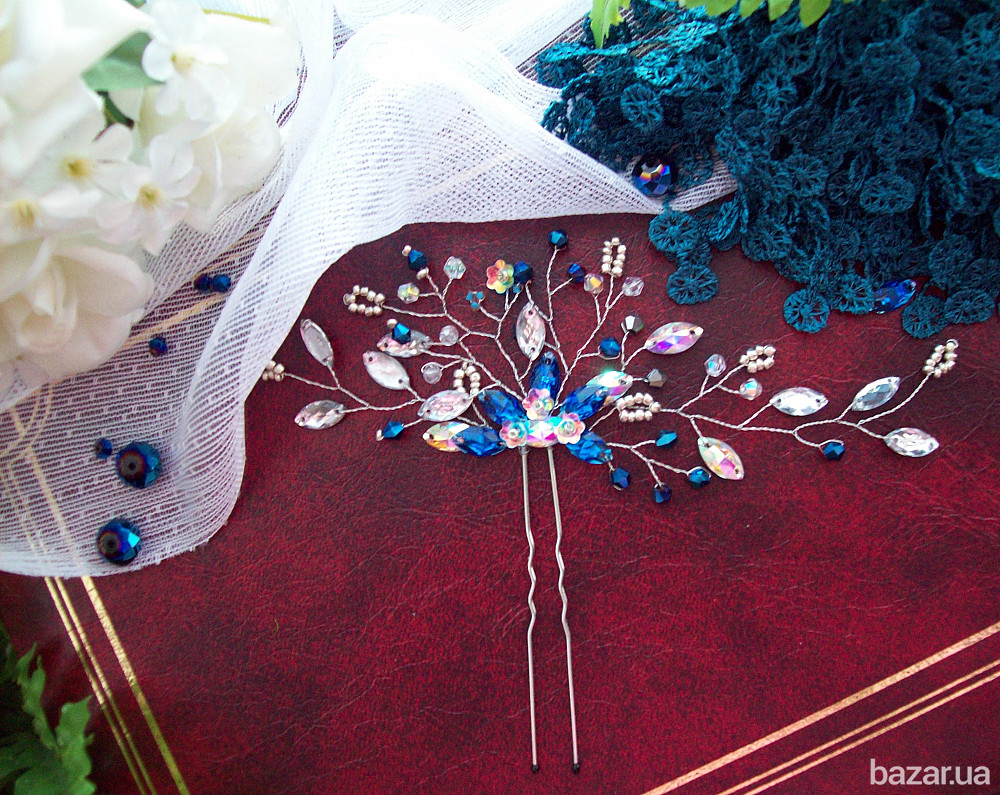 шпилька прикраса для волосся Ніжний сапфір синій гілка прозорий кришталь дріт Луцк - изображение 1