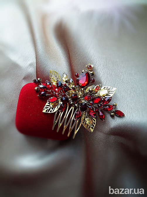 Індійські мотиви рубін гребінь для волосся східні танці стиль червоний гранатовий винний бордо золот Луцк - изображение 2