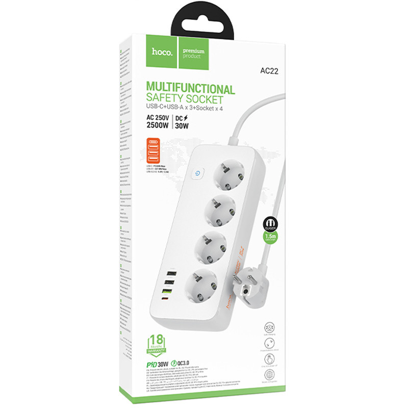 Удлинитель Hoco AC22 Sunlight (PD30W/1C/3A/4xSocket) (1.5m) Херсон - изображение 2