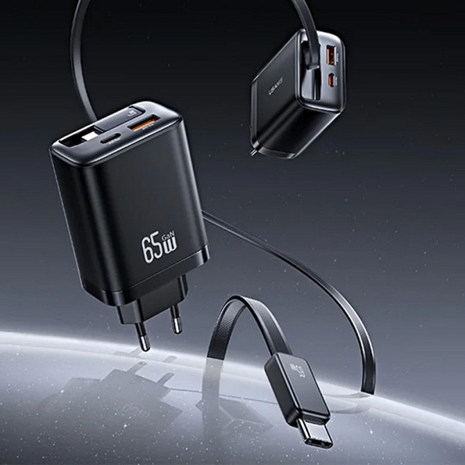 СЗУ Usams US-CC299 GaN With Retractable Type-C Cable Xiang Ser. 65W (1USB-A/1C) Херсон - изображение 2