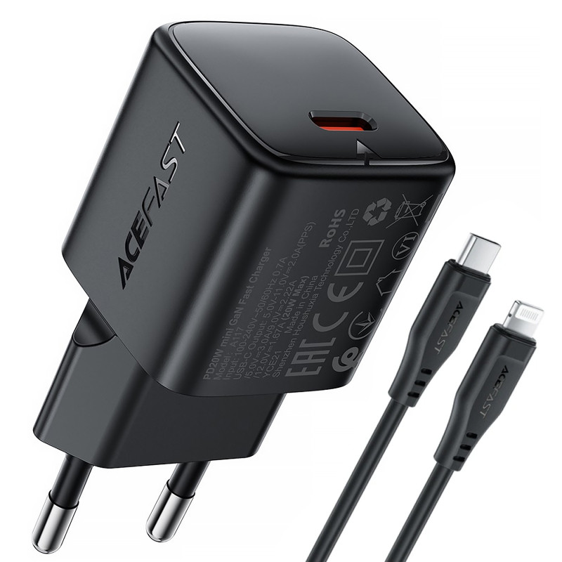 СЗУ Acefast A117 mini PD20W GaN (1USB-C) + кабель Type-C to Lightning Херсон - изображение 1