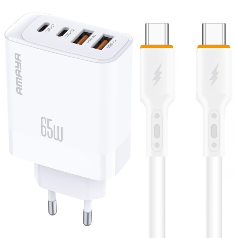 СЗУ Amaya E101F PD65W+QC3.0 GaN (2USB-A/2C) + кабель Type-C to Type-C Херсон - зображення 1