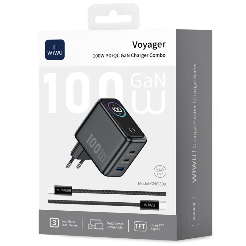 СЗУ WIWU CHG300 Voyager PD100W+QC3.0 (1USB-A/2C) + кабель Type-C to Type-C Херсон - изображение 4