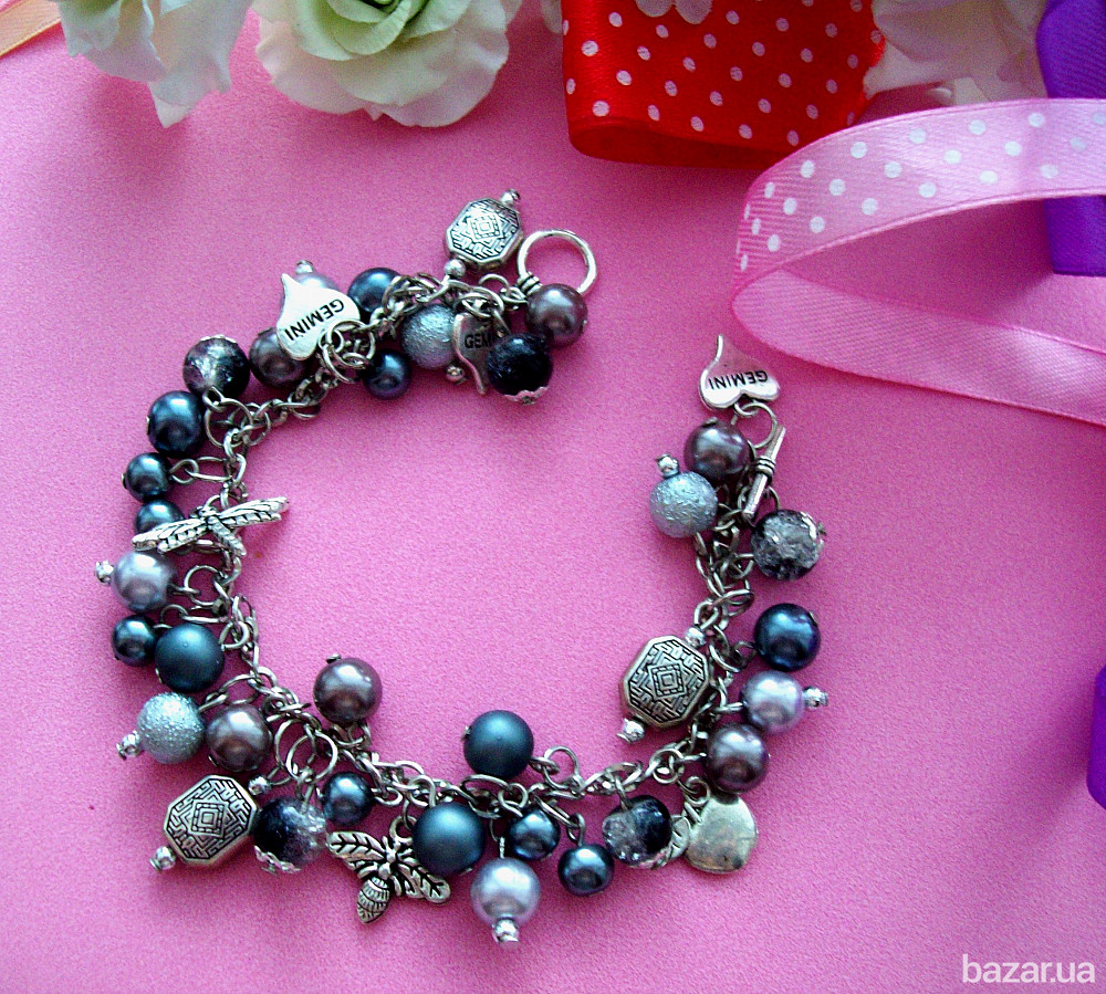 Летний яркий браслет на цепочке ручная работа голубой фиолетовый оранжевый розовый Луцьк - зображення 6