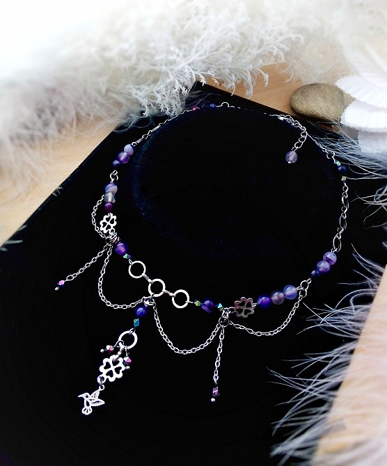 Колібрі агат мінерал камінь сталь кольє намисто фіолетовий бузковий шию подарунок підвіски конюшина Луцьк - зображення 3