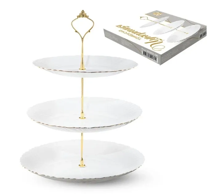 Подставка 3-ярусная SNT для десертов, фруктов и бутербродов белая с золотом Одесса - изображение 1
