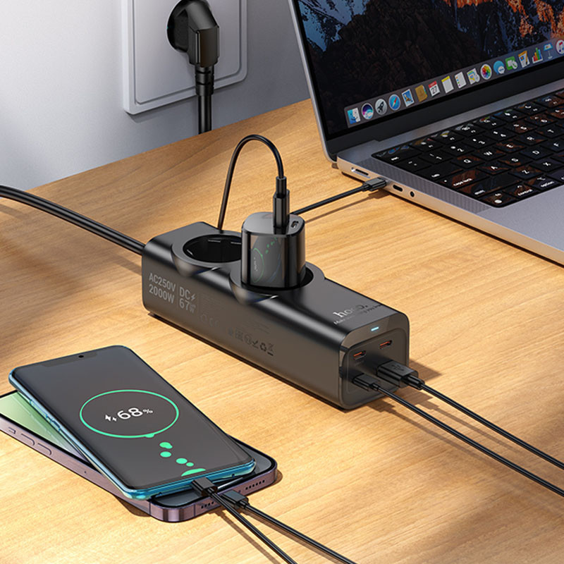 Удлинитель Hoco NS10 Wisdom 2-position PD67W (1USB-A/3C/2Socket) (2m) Херсон - изображение 4