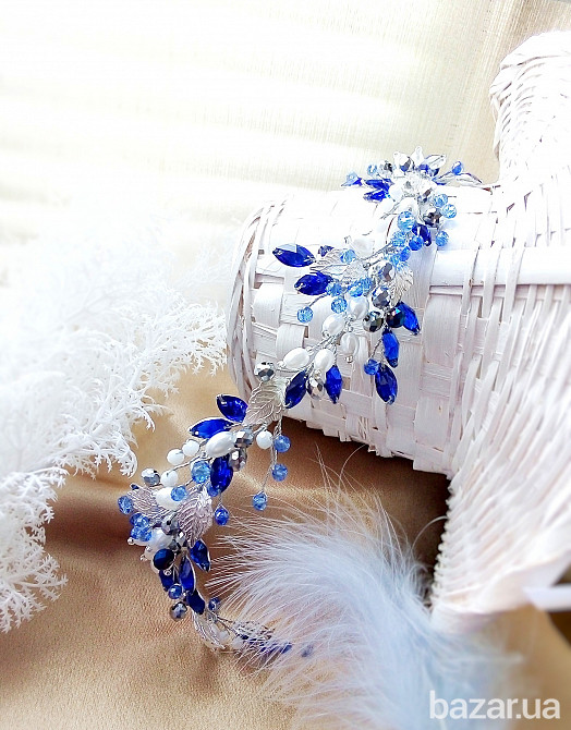 Ізабелла білий синій електрик гілочка веточка діадема віночок перли жемчуг хрусталь Луцьк - зображення 2