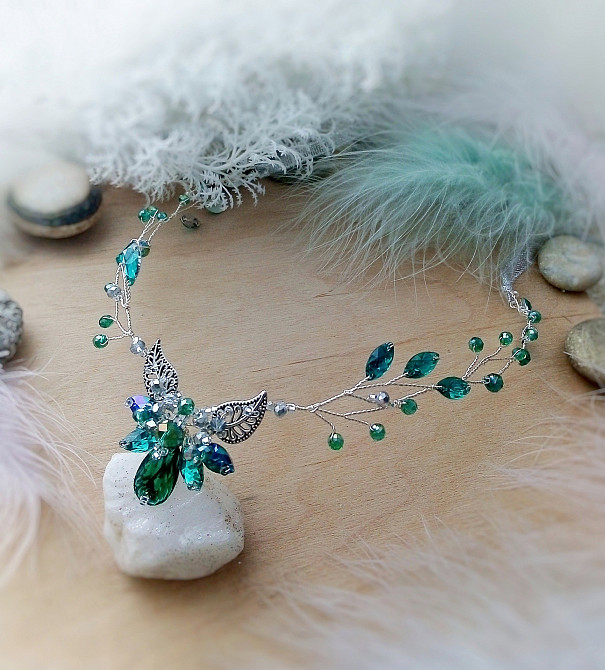 Ельфійська діадема тіара гілка смарагдовий зелений бірюзовий срібний ельф косплей тематичне свято Луцьк - зображення 3