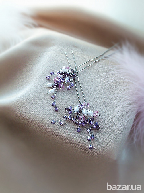 Лаванда парные шпильки заколка сиреневый фиолетовый белый жемчуг Луцьк - зображення 2