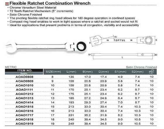 Ключ рожково-накидной трещоточный с шарниром TOPTUL 8мм AOAH0808 Харків