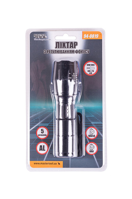 Фонарик с регулировкой фокуса MASTERTOOL 5 режимов 130х38х28 мм CREE XM-L T6 LED 3xAAA/1x18650 AL 94 Харків - зображення 6