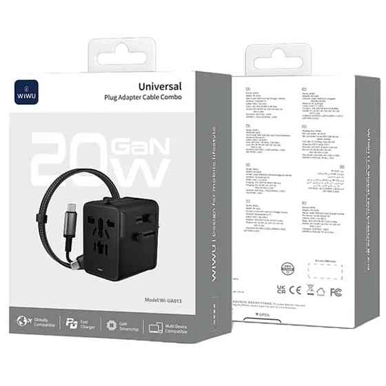 Сетевой универсальный переходник WIWU UA013 20W GaN + 1USB-A/2C with retractable cable Type-C Херсон