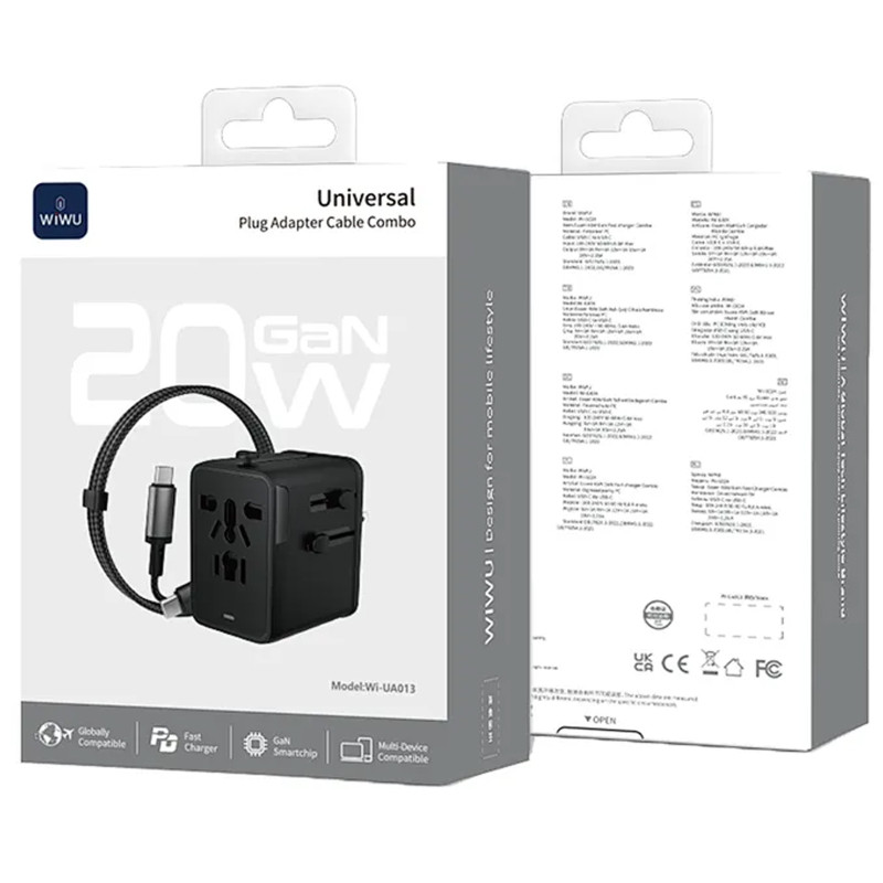 Сетевой универсальный переходник WIWU UA013 20W GaN + 1USB-A/2C with retractable cable Type-C Херсон - изображение 5