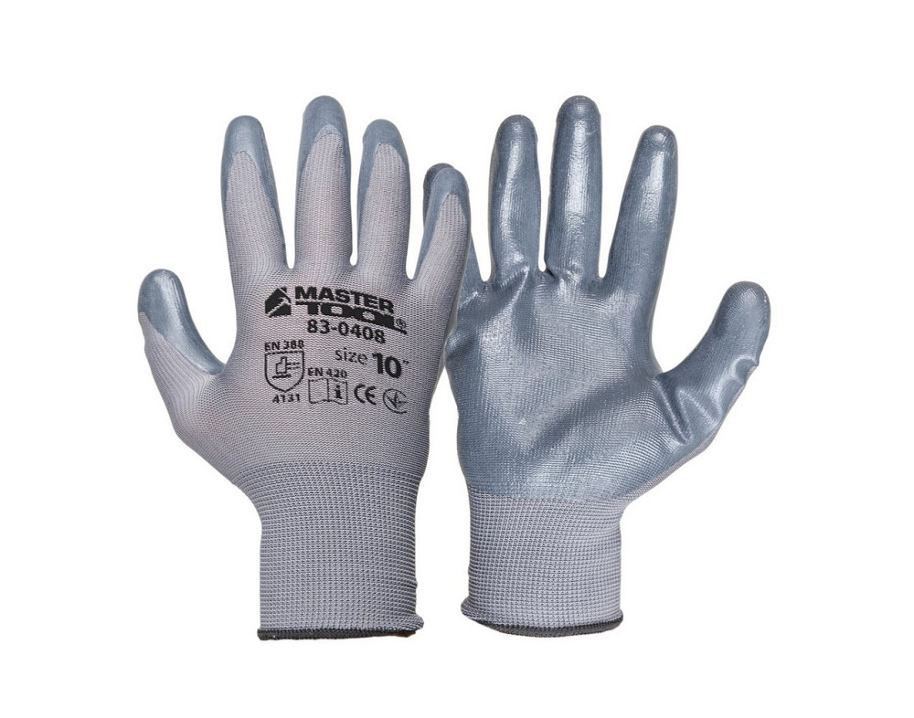 Перчатки трикотажные бесшовные MASTERTOOL нитриловое покрытие ладони 10" 12 пар серые 83-0408doz Харків - зображення 1