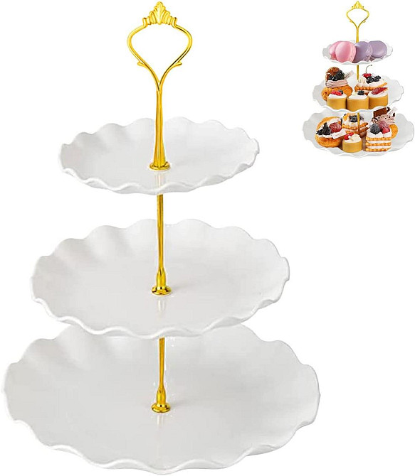 Подставка 3-ярусная Leeseph для десертов, фруктов и бутербродов белая с золотом Одеса - зображення 3