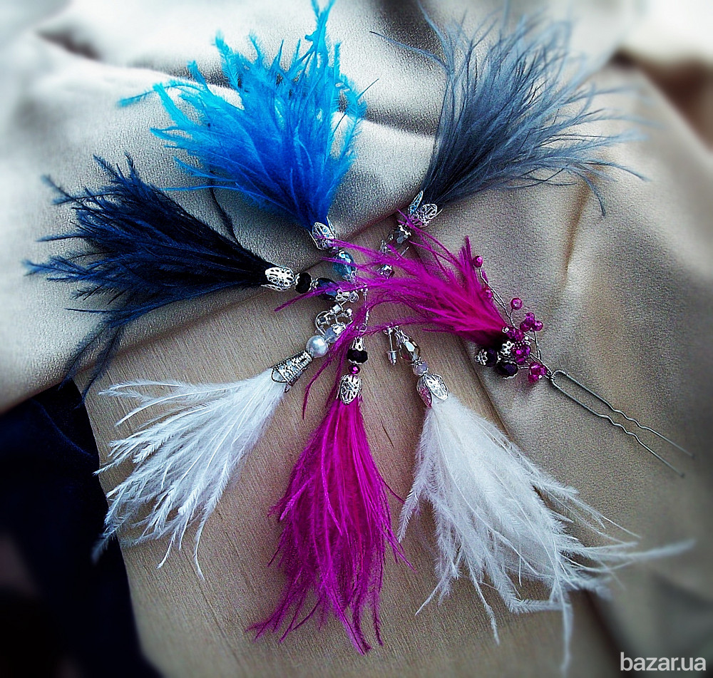 сережки Ретро з пір'ям страус синій фуксія сірий бежевий блакитний Луцк - изображение 2