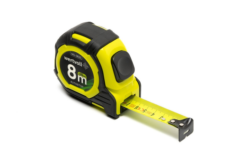 Рулетка WERTVOLL 8 м х 25 мм две кнопки AUTOSTOP покрытие TPR нейлоновое покрытие противоскользящий  Харків - зображення 1