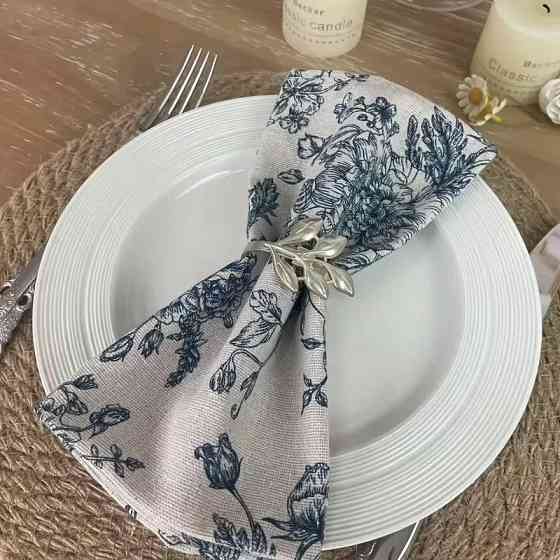 Салфетки сервировочные 42×42 см, набор 6 шт, бежевые с голубыми цветами Leeseph MV105 Одеса