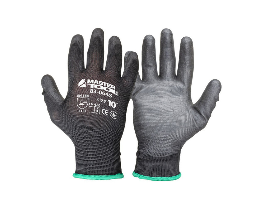 Перчатки бесшовные трикотажные MASTERTOOL с полиуретановым покрытием ладони 10" 25-26 г подвес черны Харьков - изображение 1