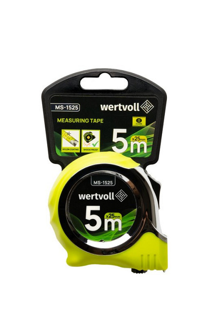 Рулетка WERTVOLL 5 м х 25 мм фиксатор полотна кнопка STOP покрытие TPR нейлоновое покрытие противоск Харків - зображення 7