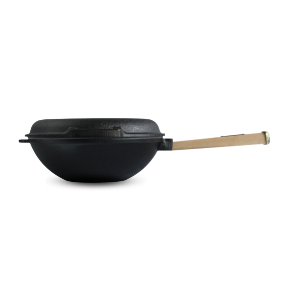 Сковорода чугунная с деревянной ручкой и чугунной крышкой-сковородой WOK 2,2 л Харків