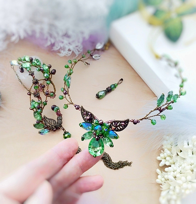 Ельфійський набір прикрас каффа діадема гілка кулон зелений салатовий колір бронза Луцьк - зображення 1