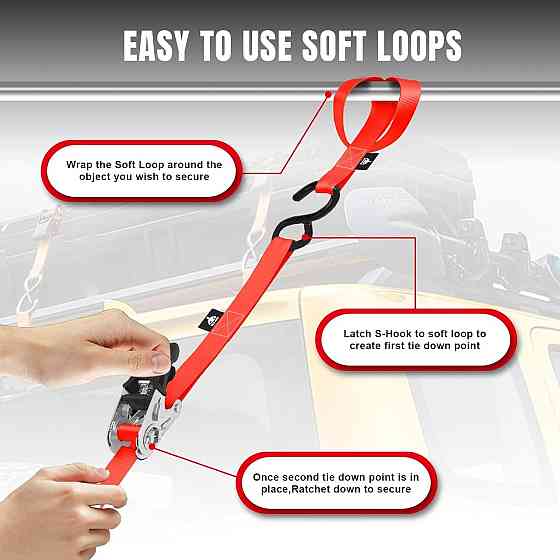 Набор стяжных ремней с храповым механизмом, S-крюками и защитными петлями (Soft Loops) 4 шт., 680 кг Харків