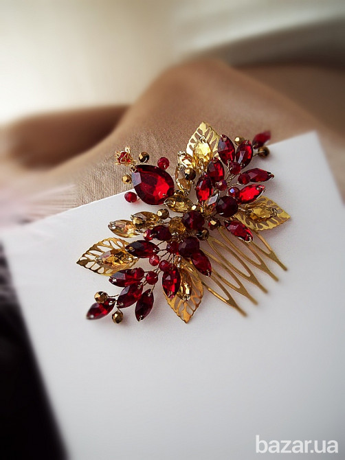 Індійські мотиви рубін гребінь для волосся східні танці стиль червоний гранатовий винний бордо золот Луцк - изображение 3