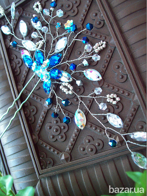 шпилька прикраса для волосся Ніжний сапфір синій гілка прозорий кришталь дріт Луцк - изображение 3