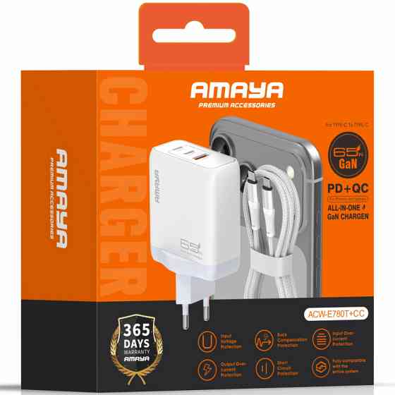Уценка СЗУ Amaya E780T PD45W+QC3.0 GaN (1USB-A/2C) + кабель Type-C to Type-C Херсон