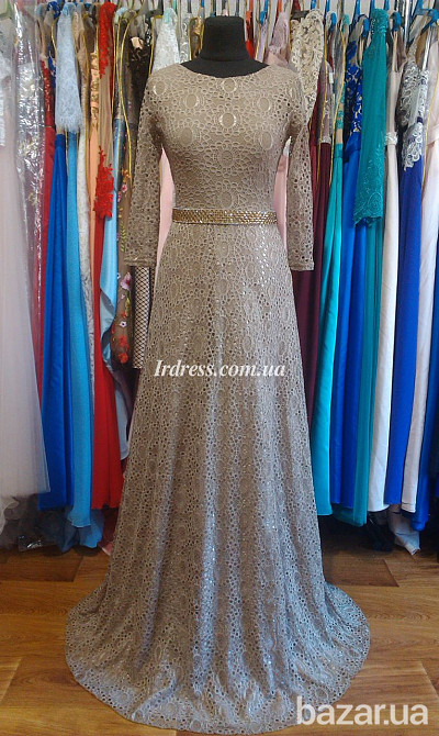 Бежевое вечернее платье с рукавами Київ - зображення 4