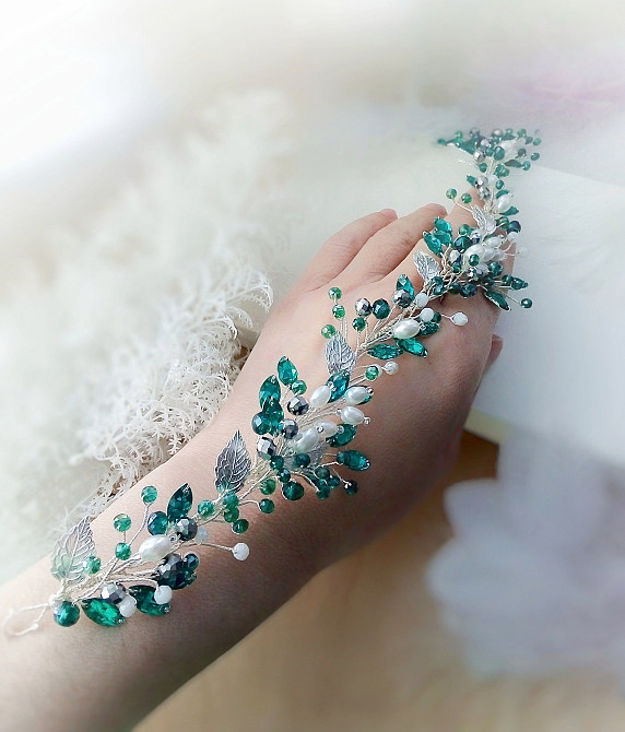 Ізабелла смарагдовий зелений білий вінок обруч м'який діадема голову перли кришталь листя святкова Луцьк - зображення 5