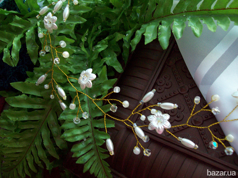 Гілочка для весільної святкової зачіски нареченій перли золотистий білий айворі тілесний Луцьк - зображення 3