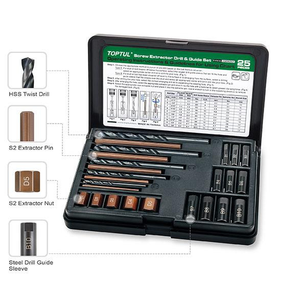 Набор экстракторов, сверл и направляющих для извлечения сломанных резьбовых винтов 25ед. TOPTUL JGEW Харків - зображення 1