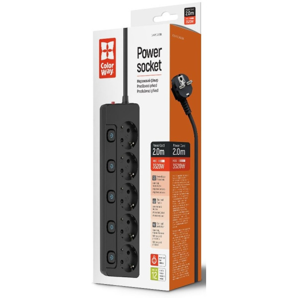 ColorWay Фільтр живлення СolorWay 5 розеток 2м Black (CW-PSEA52SBK) Харків - зображення 2